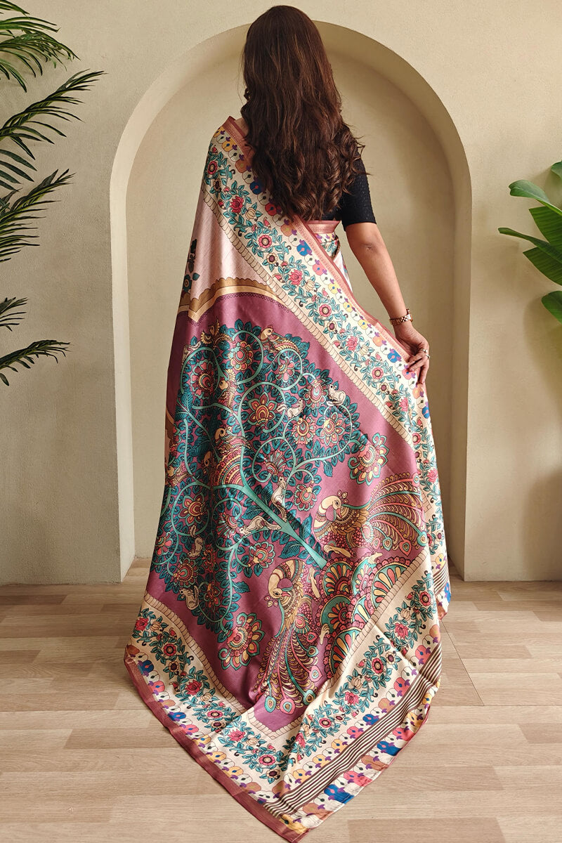 Girlish Baby Pink Soft Silk Kalamkari Printed Saree With Murmurous Blouse Piece