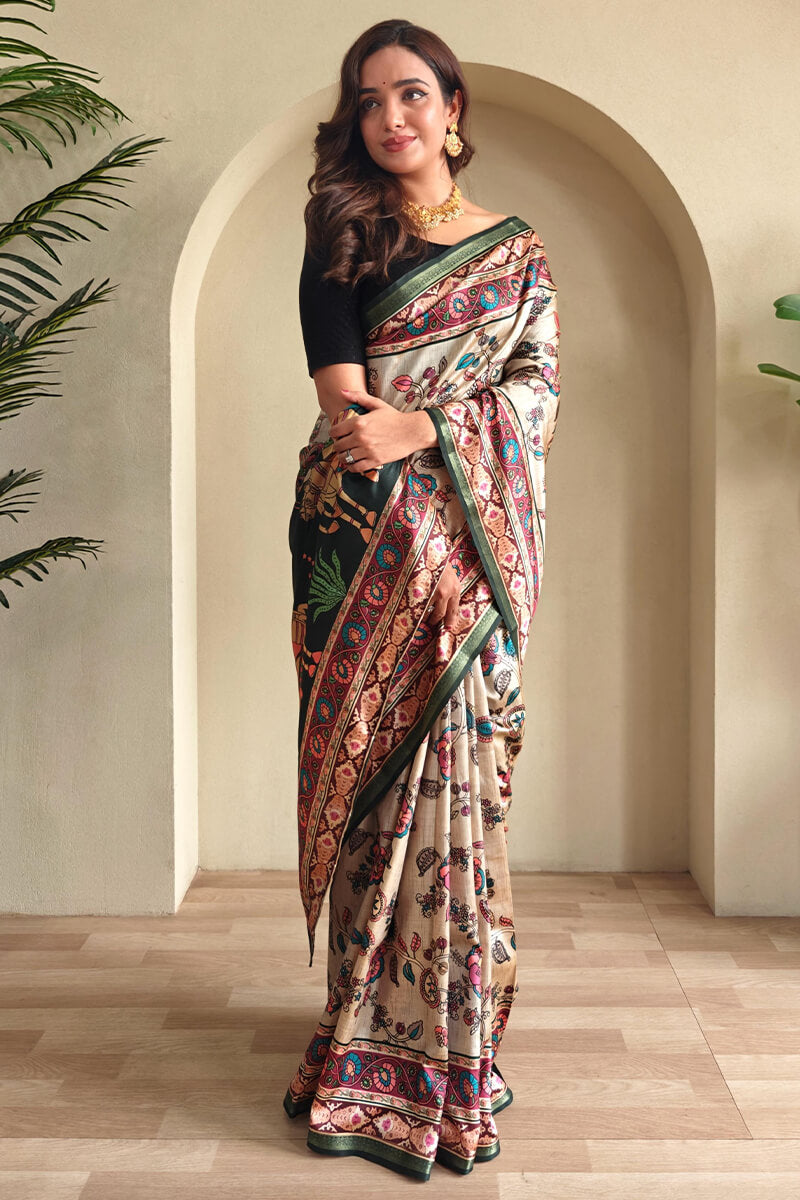 Eloquence Beige Soft Silk Kalamkari Printed Saree With Fancifull Blouse Piece