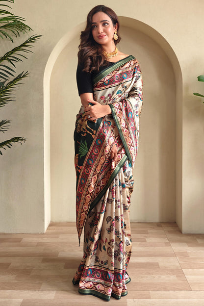 Eloquence Beige Soft Silk Kalamkari Printed Saree With Fancifull Blouse Piece
