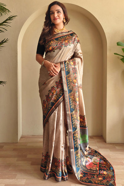 Lissome Dark Beige Soft Silk Kalamkari Printed Saree With Engrossing Blouse Piece