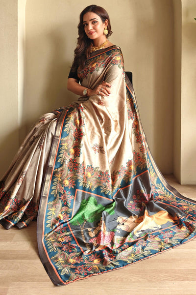 Lissome Dark Beige Soft Silk Kalamkari Printed Saree With Engrossing Blouse Piece