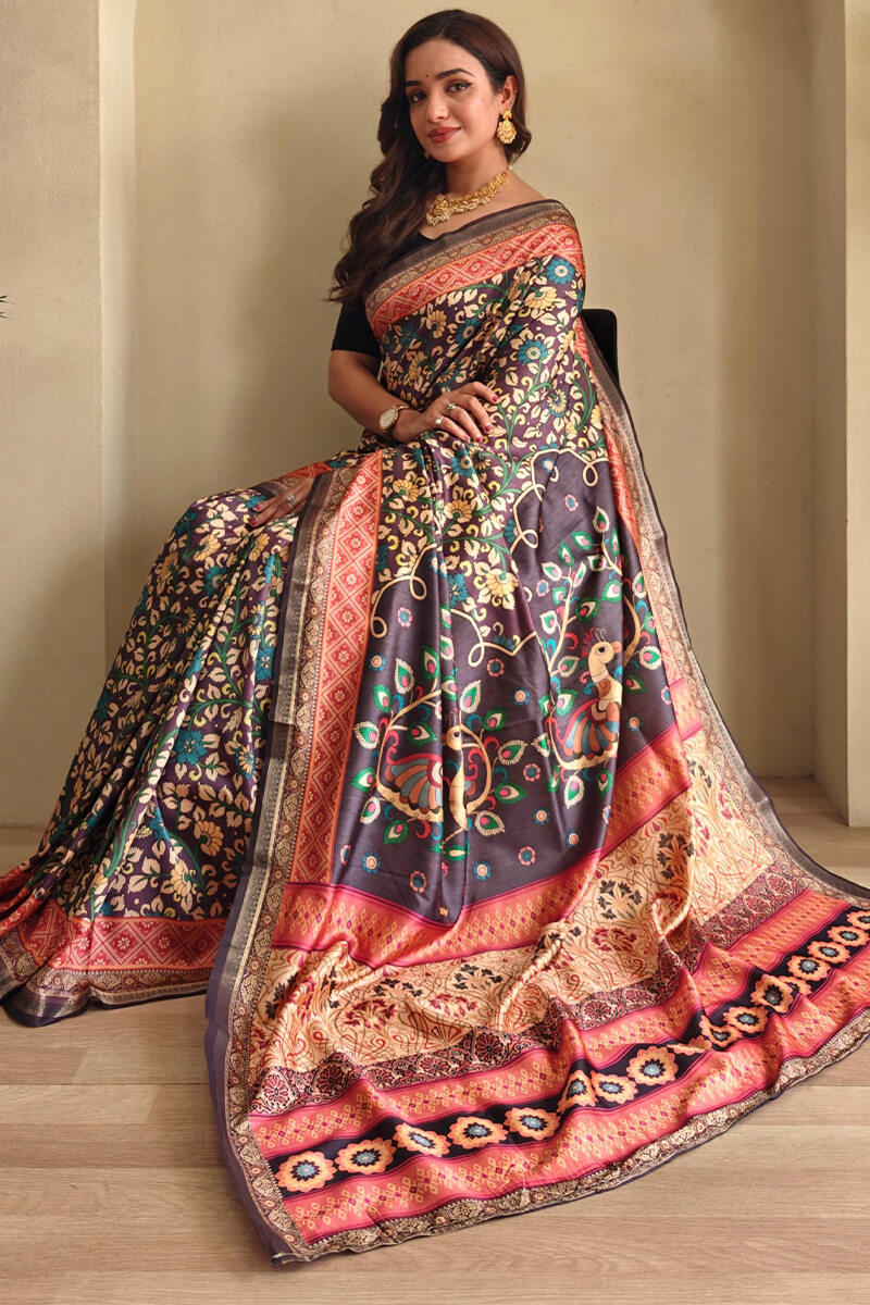 Ineffable Wine Soft Silk Kalamkari Printed Saree With Vibrant Blouse Piece