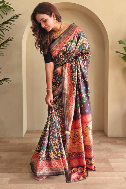 Ineffable Wine Soft Silk Kalamkari Printed Saree With Vibrant Blouse Piece