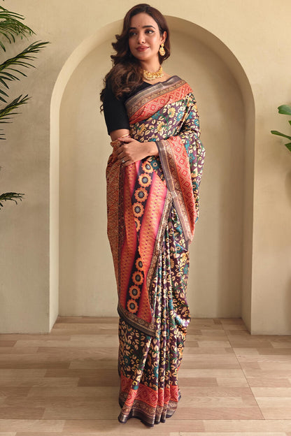 Ineffable Wine Soft Silk Kalamkari Printed Saree With Vibrant Blouse Piece