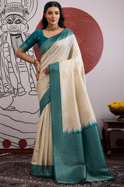 Fancifull Beige and Rama Pure Zari Weaving Banarasi Paper Silk Saree With Embrocation Blouse Piece