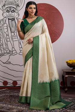 Mesmerising Beige and Green Pure Zari Weaving Banarasi Paper Silk Saree With Ethereal Blouse Piece