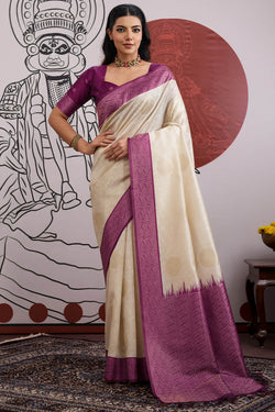 Desirable Beige and Purple Pure Zari Weaving Banarasi Paper Silk Saree With Sumptuous Blouse Piece