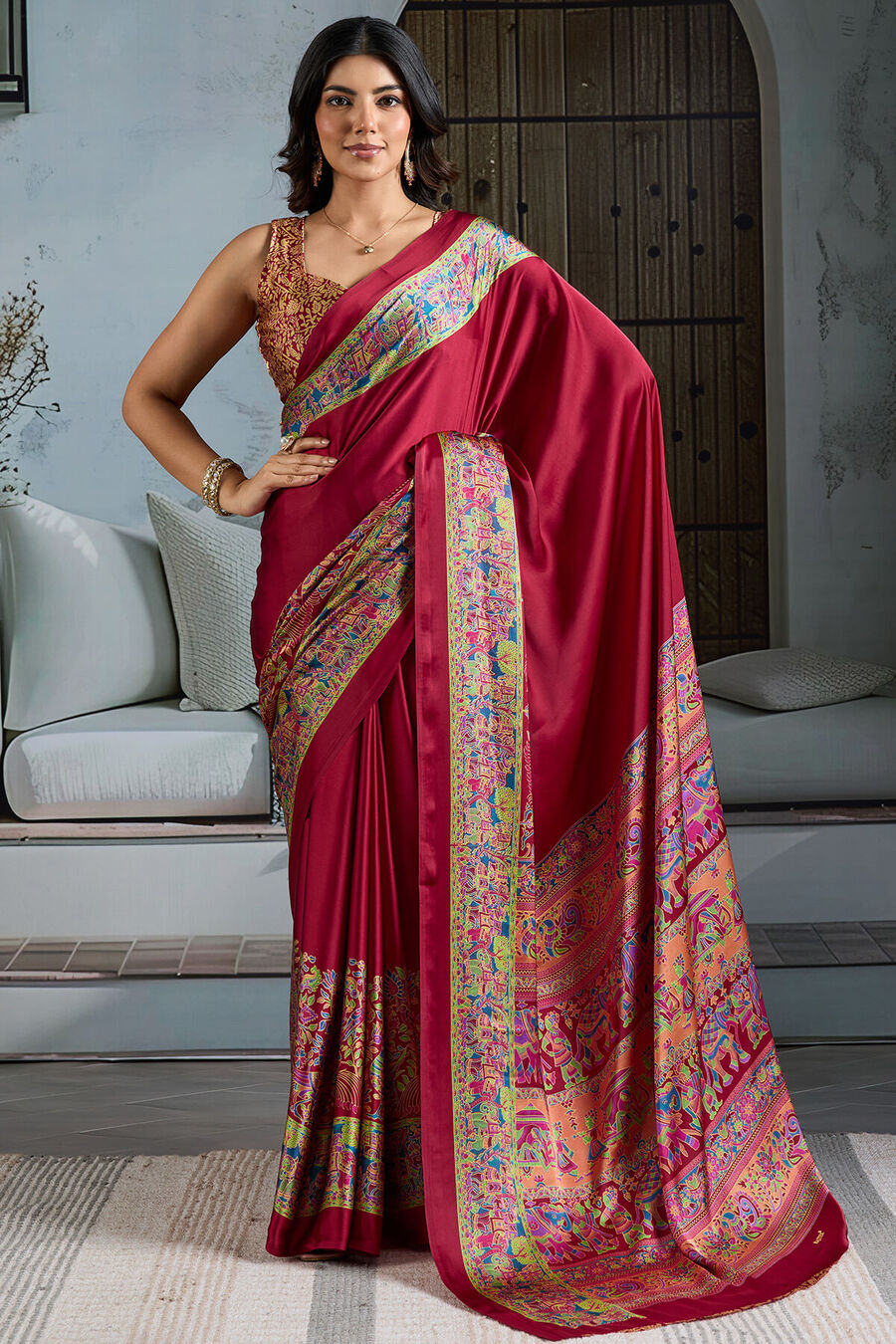 Ideal Maroon Ajrakh Printed Satin Silk Saree With Glamorous Blouse Piece