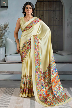 Wonderful Beige Ajrakh Printed Satin Silk Saree With Sonorous Blouse Piece