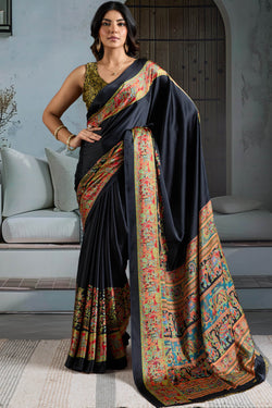 Proficient Black Ajrakh Printed Satin Silk Saree With Alluring Blouse Piece