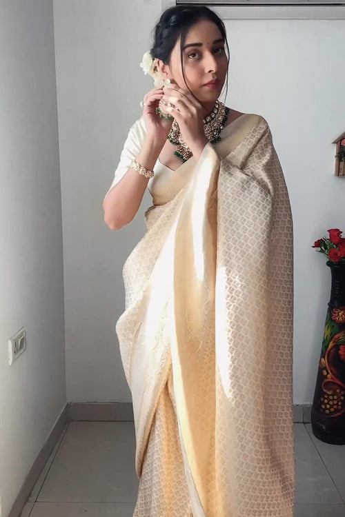 Load image into Gallery viewer, Excellent 1-Minute Ready To Wear Beige Kanjivaram Silk Saree
