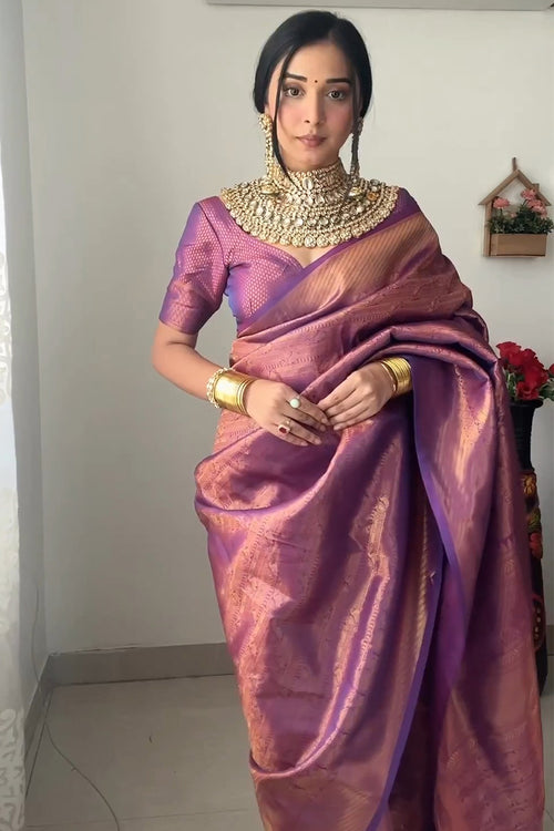 Load image into Gallery viewer, Mellifluous 1-Minute Ready To Wear Purple Kanjivaram Silk Saree
