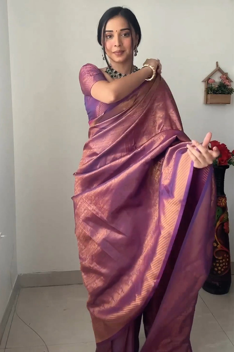 Mellifluous 1-Minute Ready To Wear Purple Kanjivaram Silk Saree