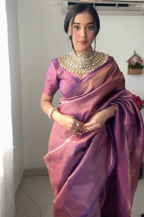 Load image into Gallery viewer, Mellifluous 1-Minute Ready To Wear Purple Kanjivaram Silk Saree
