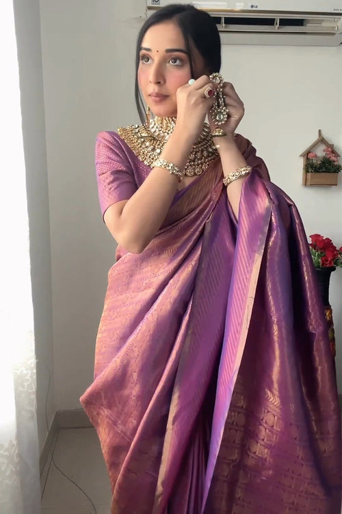 Load image into Gallery viewer, Mellifluous 1-Minute Ready To Wear Purple Kanjivaram Silk Saree
