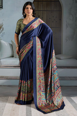 Demure Navy Blue Ajrakh Printed Satin Silk Saree With Inimitable Blouse Piece