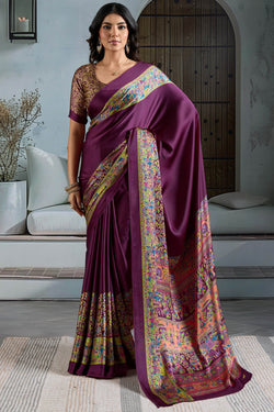 Luxuriant Purple Ajrakh Printed Satin Silk Saree With Felicitous Blouse Piece
