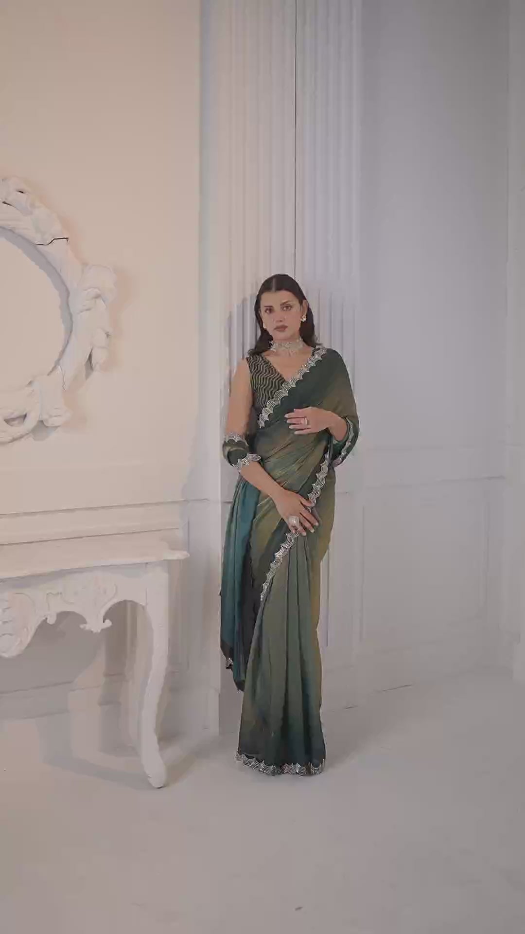 Stylish Green Jarkan Work Fandy Silk Saree