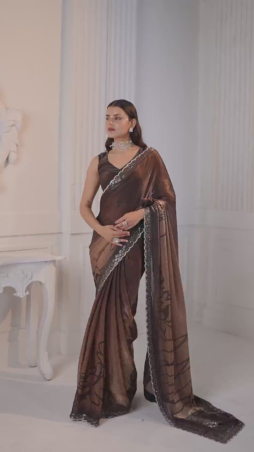 Snazzy Brown Jarkan Work Fandy Silk Saree