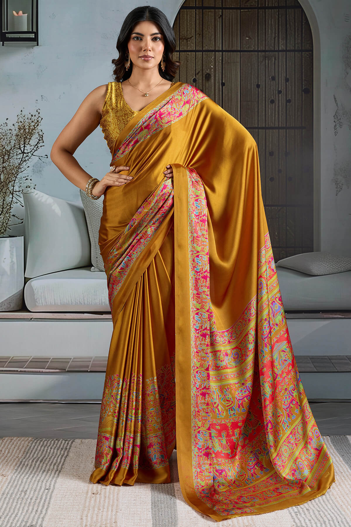 Stunning Golden Ajrakh Printed Satin Silk Saree With Pretty Blouse Piece