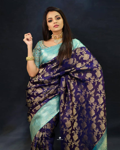Blooming Blue Soft Silk Saree With Smart Blouse Piece