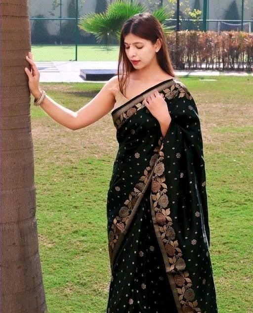 Staggering Black Soft Banarasi Silk Saree With Lagniappe Blouse Piece