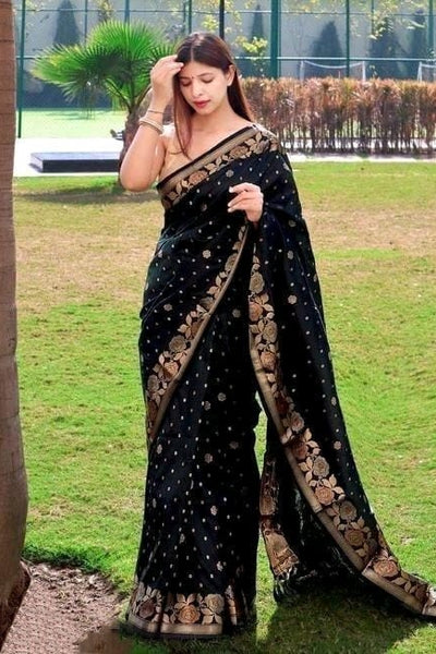 Staggering Black Soft Banarasi Silk Saree With Lagniappe Blouse Piece