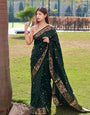 Amiable Dark Green Soft Banarasi Silk Saree With Elision Blouse Piece