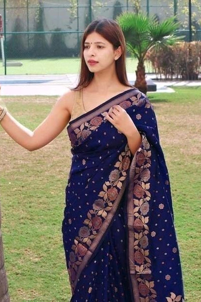 Profuse Navy Blue Soft Banarasi Silk Saree With Super extravagant Blouse Piece