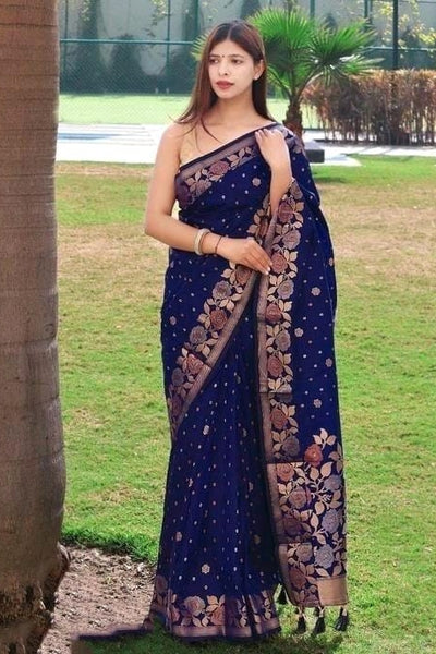 Profuse Navy Blue Soft Banarasi Silk Saree With Super extravagant Blouse Piece