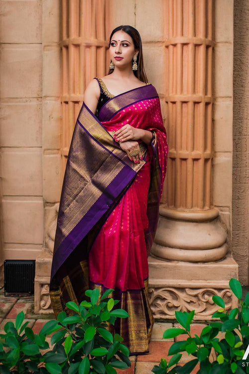 Buy Rani Pink Banarasi Silk Saree With Floral Motif Pallu And Unstitched  Blouse Piece Kalki Fashion India