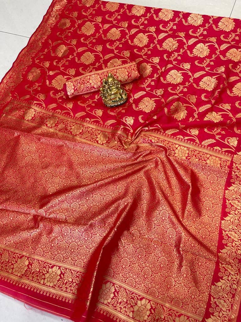 Flaunt Red Soft Banarasi Silk Saree Gleaming Blouse Piece