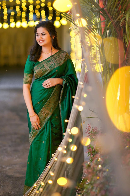 Prettiest Dark Green Banarasi Silk Saree With Assemblage Blouse Piece –  LajreeDesigner