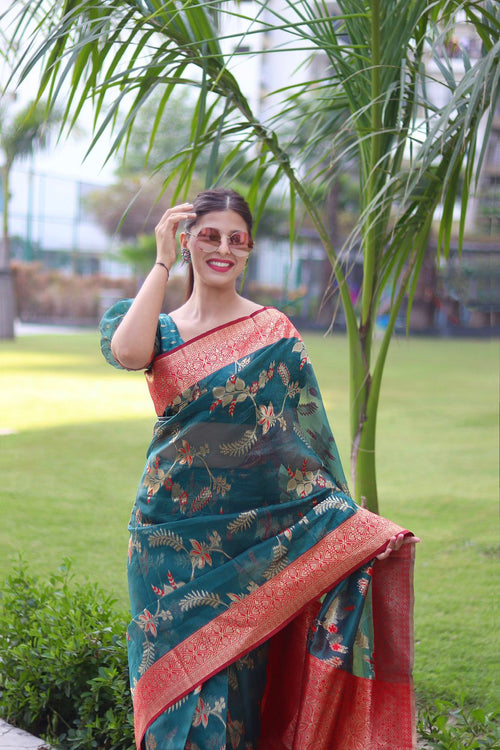 Load image into Gallery viewer, Gratifying Rama Organza Silk Saree With Glowing Blouse Piece
