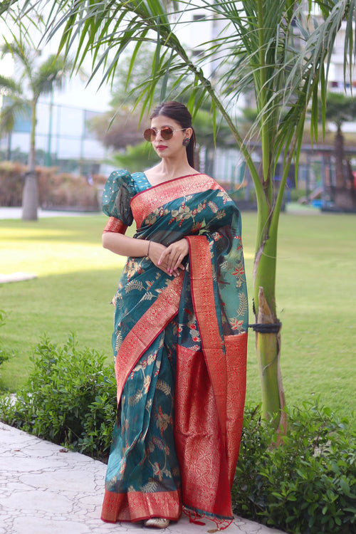 Load image into Gallery viewer, Gratifying Rama Organza Silk Saree With Glowing Blouse Piece
