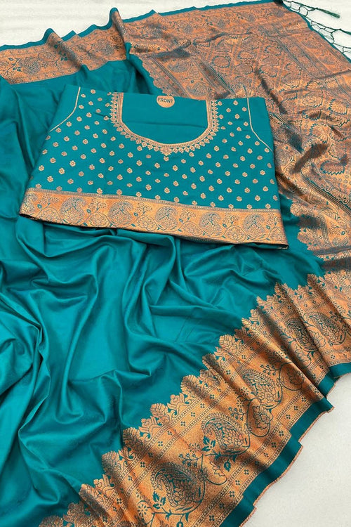 Load image into Gallery viewer, Confounding Firozi Soft Banarasi Silk Saree With Snazzy Blouse Piece
