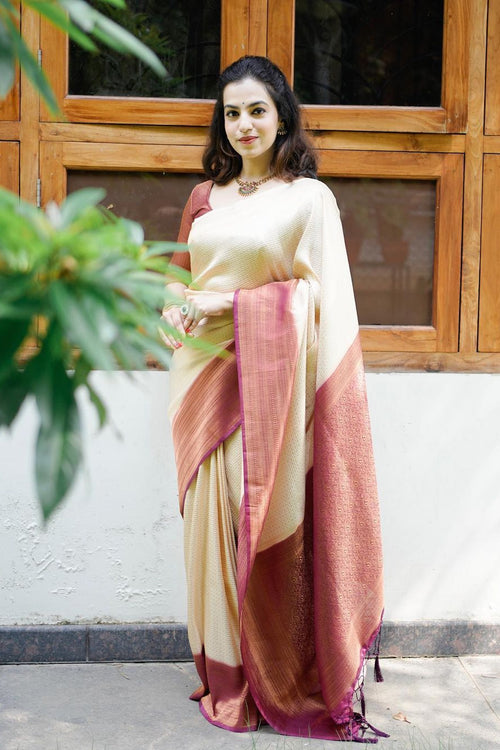 Load image into Gallery viewer, Lagniappe Beige Soft Silk Saree With Lassitude Blouse Piece
