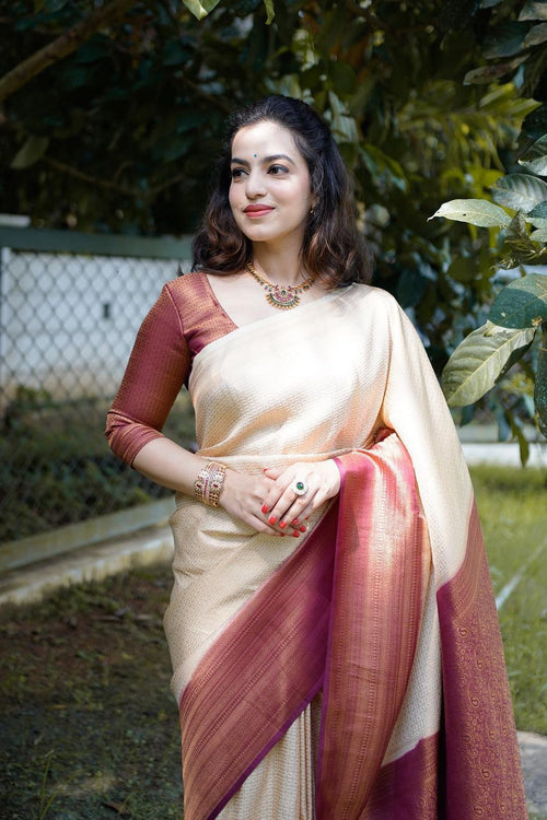 Load image into Gallery viewer, Lagniappe Beige Soft Silk Saree With Lassitude Blouse Piece
