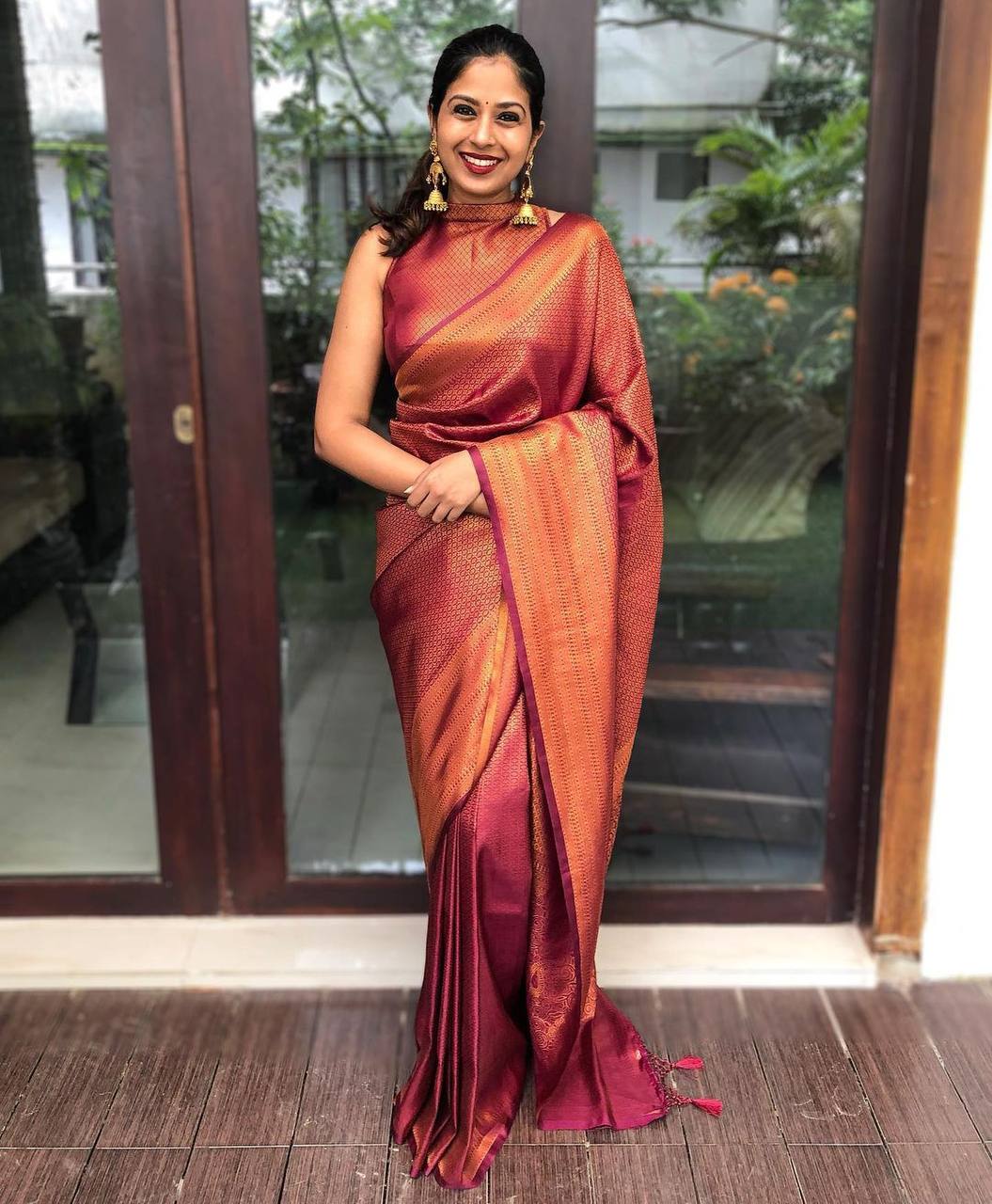 Embroidered Wine Saree With Contrast Blouse