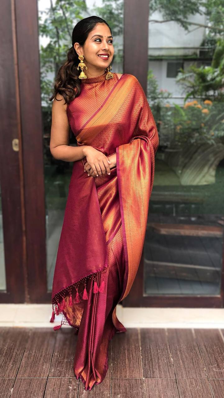 Wine Kanchipuram Raw Silk Woven Saree | Raw silk saree, Saree, Silk sarees