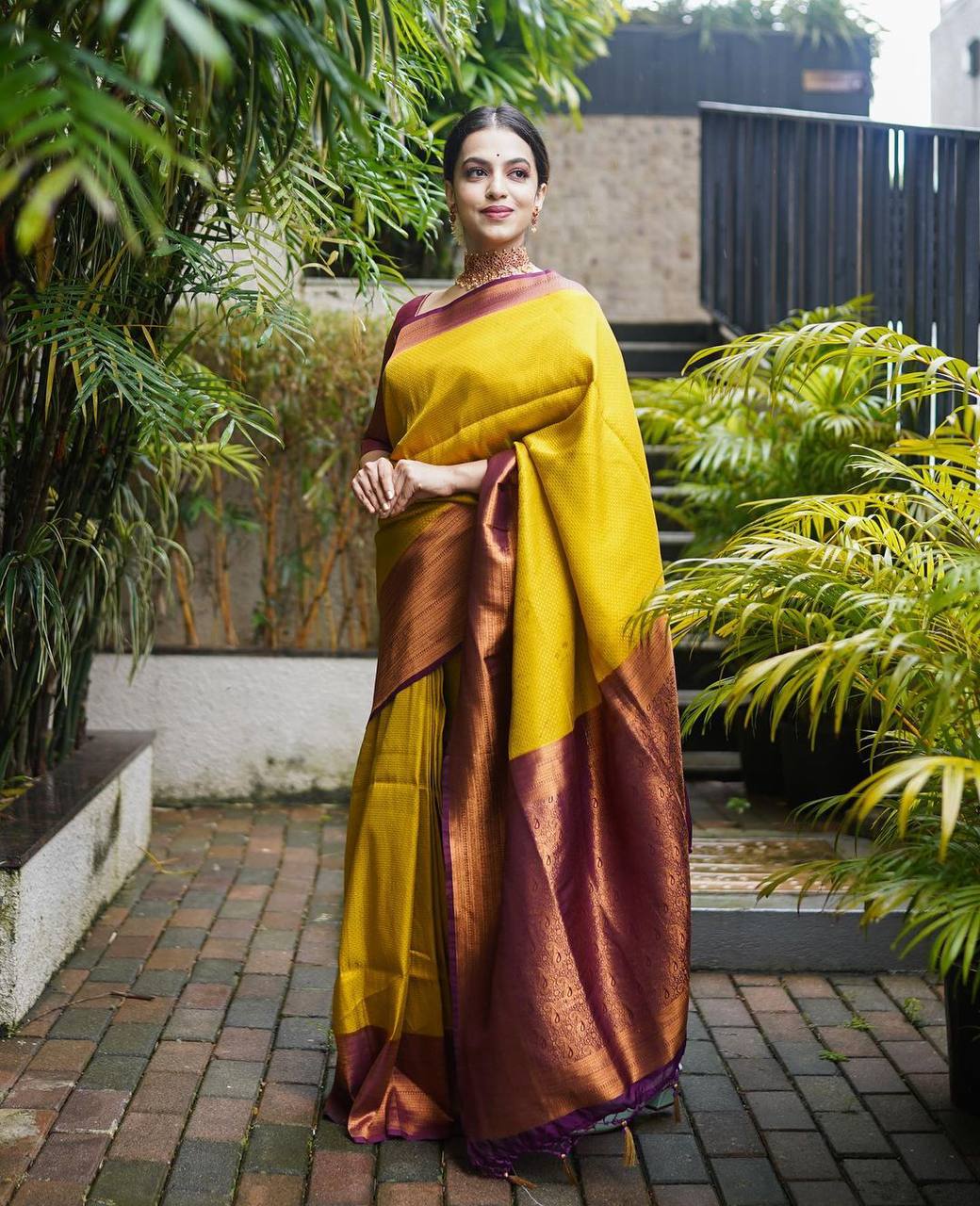 Panoply Golden Soft Silk Saree with Propinquity Blouse Piece