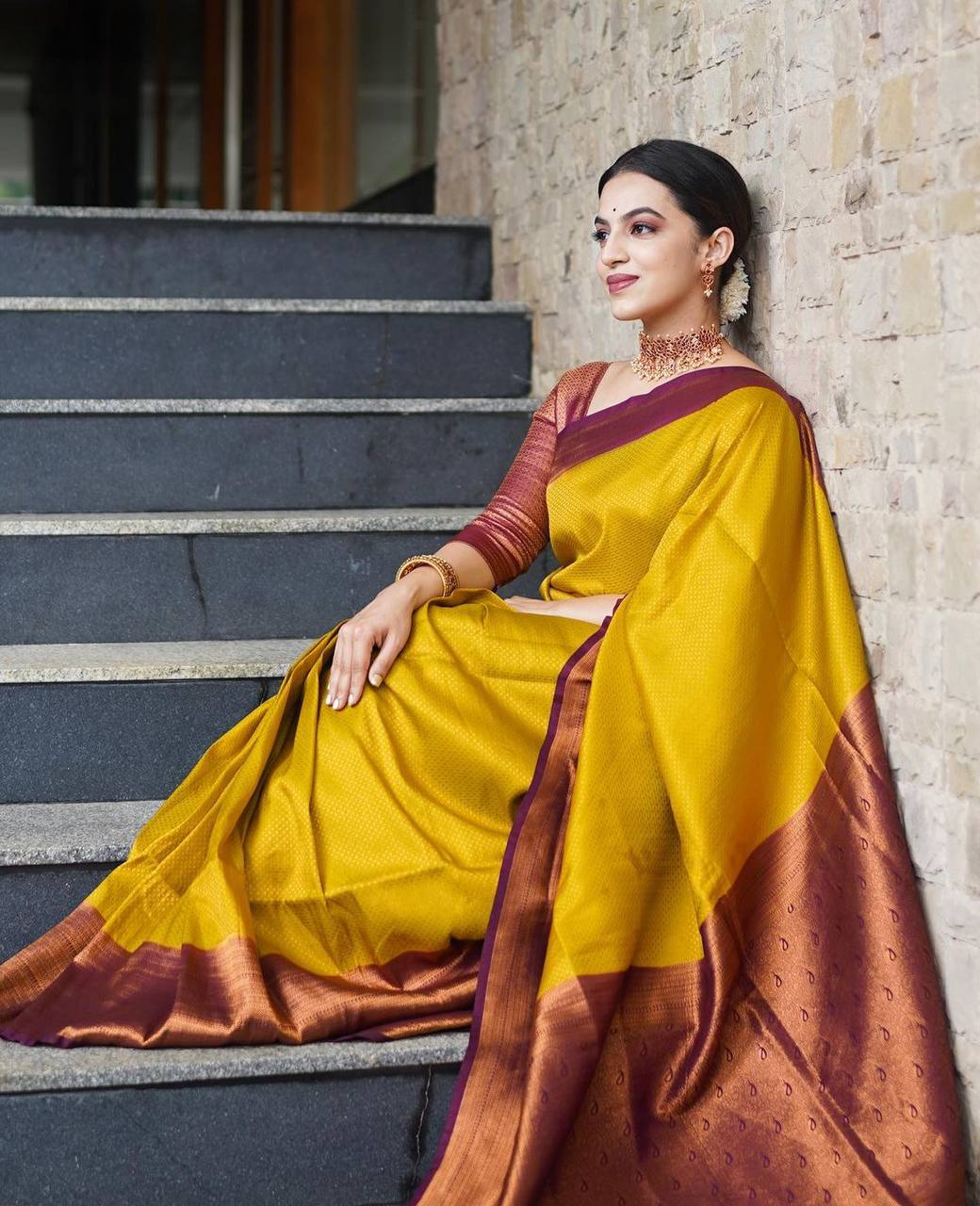 Panoply Golden Soft Silk Saree with Propinquity Blouse Piece