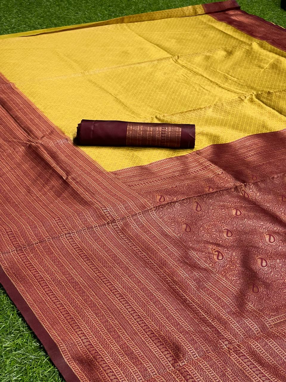 Panoply Golden Soft Silk Saree with Propinquity Blouse Piece