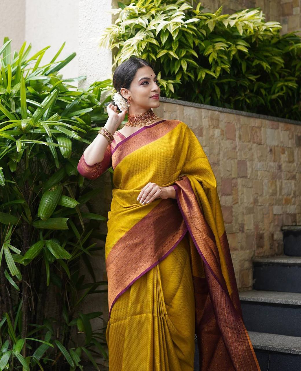 Panoply Golden Soft Silk Saree with Propinquity Blouse Piece