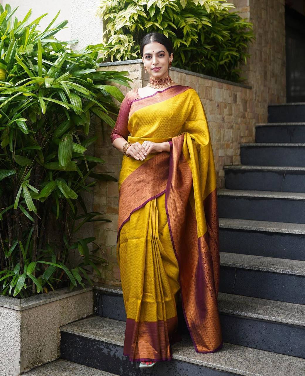 Panoply Golden Soft Silk Saree with Propinquity Blouse Piece