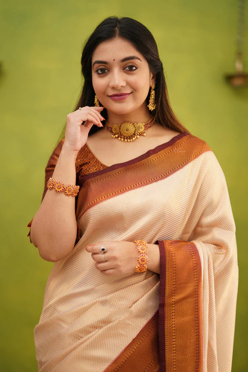 Load image into Gallery viewer, Imaginative Beige Soft Banarasi Silk Saree With Incomparable Blouse Piece
