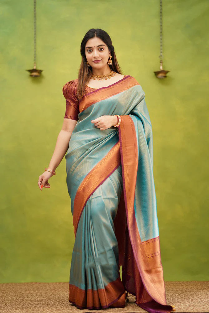 Exuberant Firozi Soft Banarasi Silk Saree With Supernal Blouse Piece