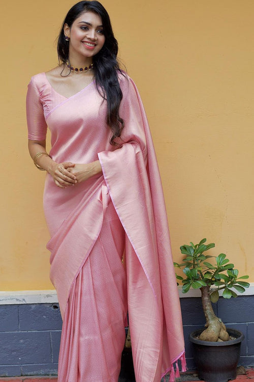 An Insanely Baby Pink Soft Silk Saree with Fairytale Blouse Piece