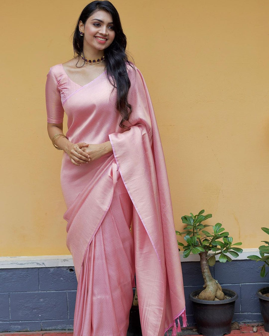 Ella Baby Pink Pure Silk-Crepe Saree with Black Embroidered Blouse – EAST &  GRACE