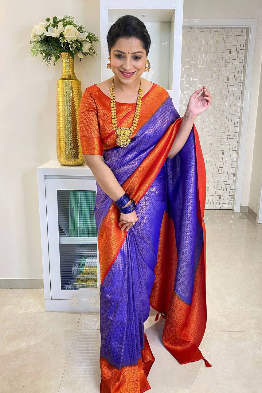 Engrossing Royal Blue Soft Silk Saree With Fancifull Blouse Piece